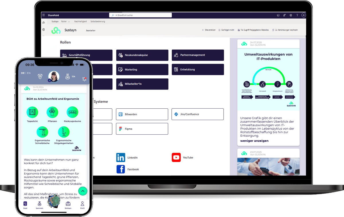 SUSTAYN Feed integriert im Sharepoint und als App